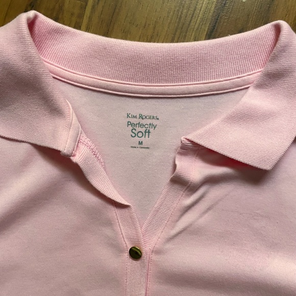 2 Kim Rogers Perfectly Soft Pink & Blue Polos with Gold Faux Buttons - Picture 3 of 14